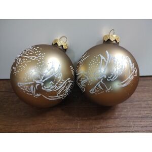 2 Vintage Brown White Angel Stenciled  Christmas Glass Ball Ornaments A18